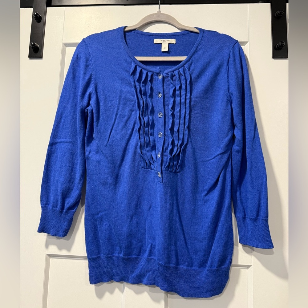 Liz Claiborne Royal Blue Sweater With Buttons and Ruffles Ladies Size Medium